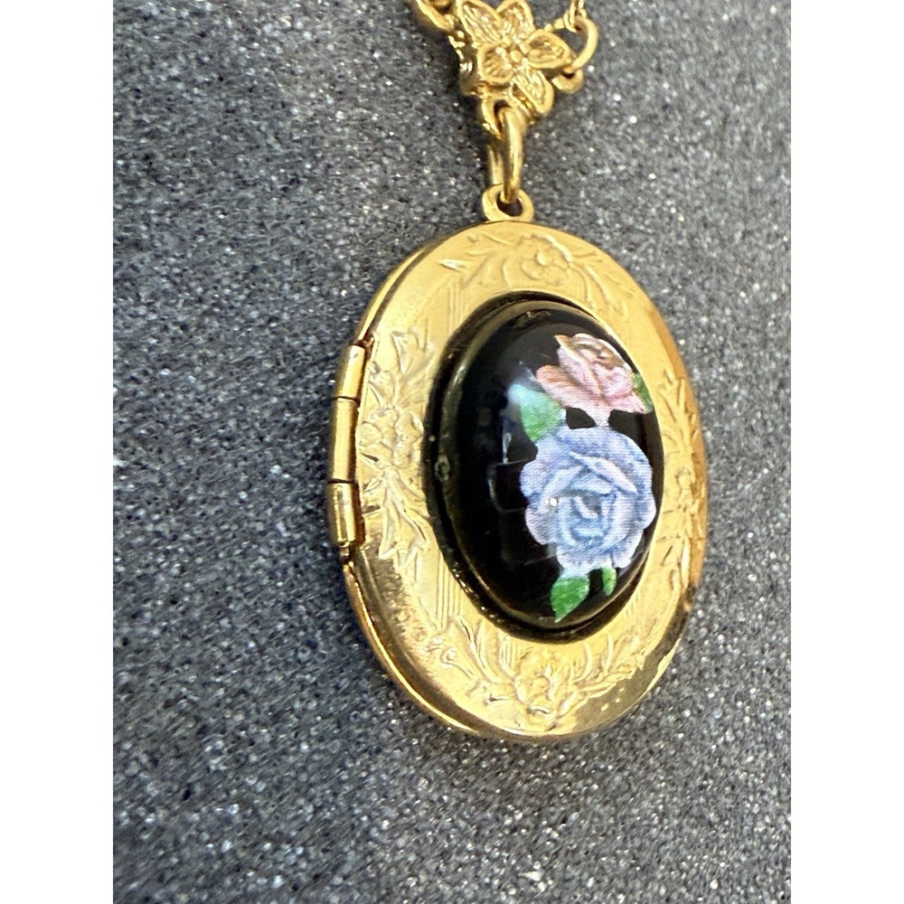 Vintage 1928 Gold Locket Blue Rose Cameo Flower Pendant Necklace 18" - Picture 3 of 16